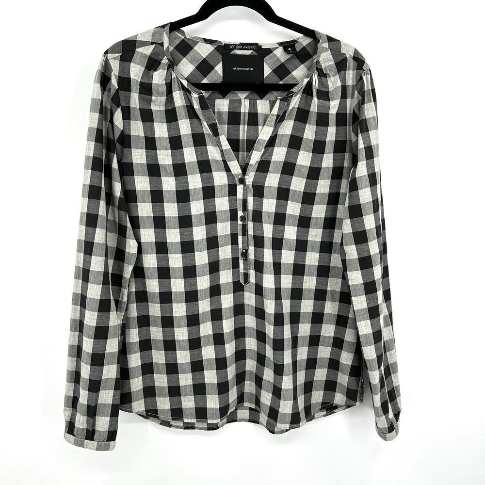 MAISON SCOTCH Black White Plaid Lightweight Cotton Boxy Henley Shirt Size Large